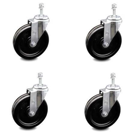 Phenolic Swivel Threaded Stem Caster w/Roller Bearing Set of 4 w/6" x 1.5" Black Wheels and 10mm Stems - Includes 4 Swivel - 1200 lbs Total Capacity - Service Caster Brand